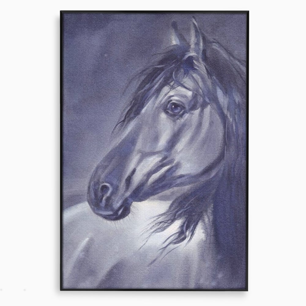 Tablou canvas cu tablou canvas cu portret de cal gri, in rama de aluminiu negru